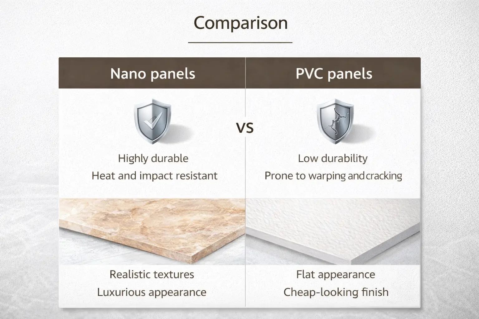 Bảng so sánh tấm nano và pvc về độ bền và tính thẩm mỹ.