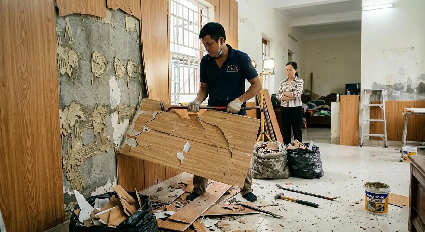 Hiện trạng tháo dỡ tấm nhựa cũ bị hư hỏng do thi công sai quy trình kỹ thuật.