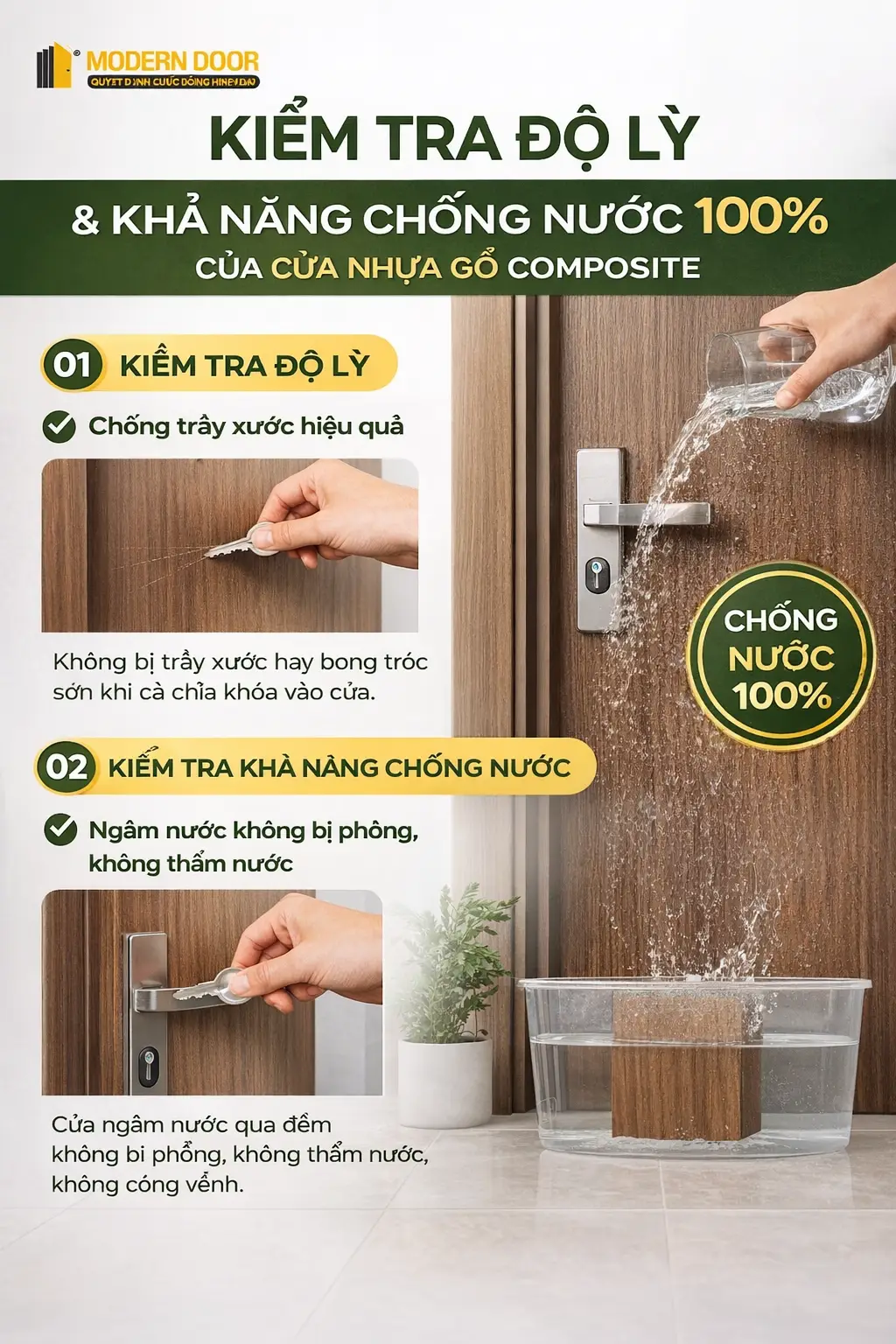 Kiểm tra độ lỳ và khả năng chống nước 100% của cửa nhựa gỗ composite