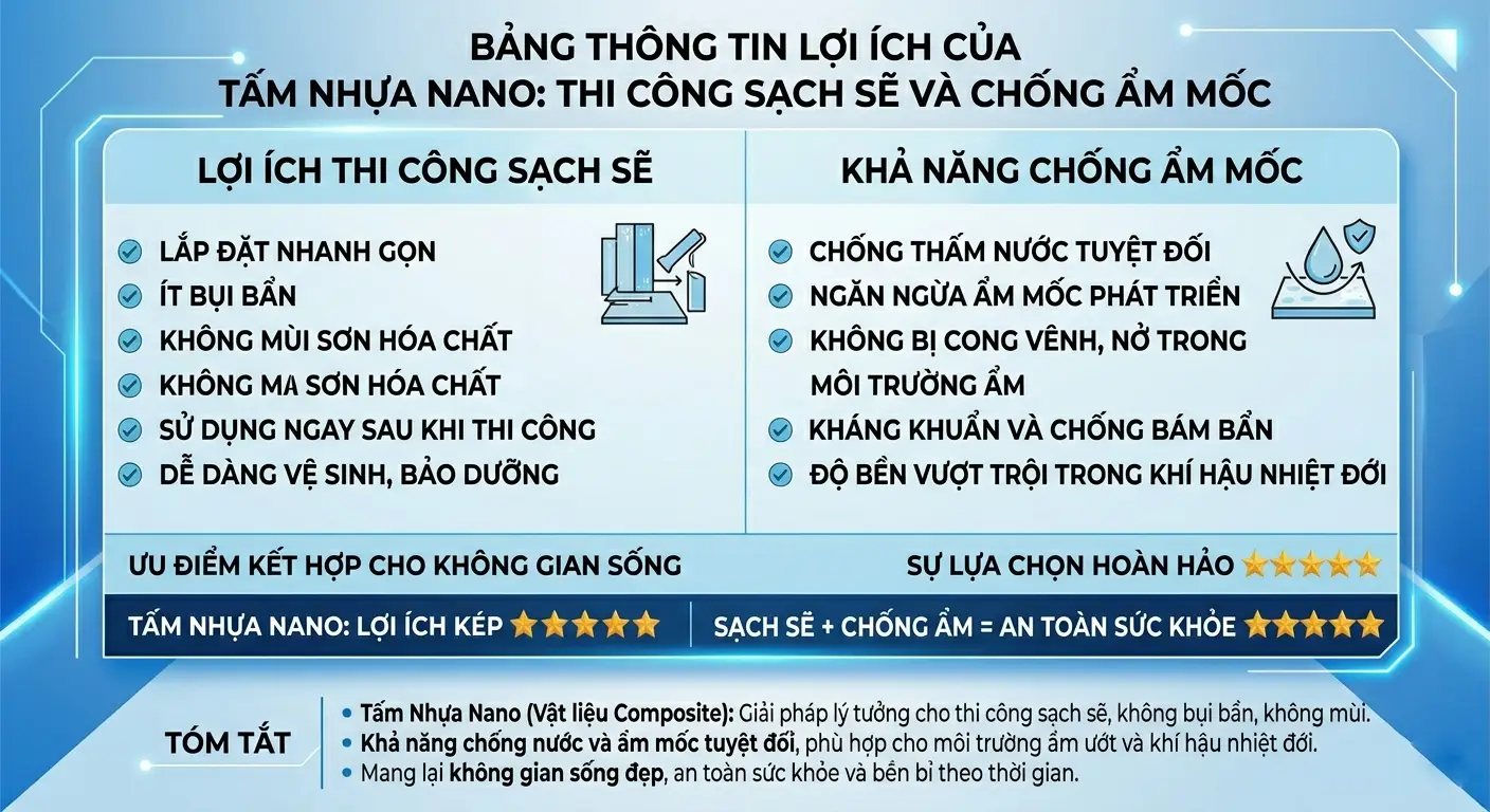 Lợi ích thi công sạch sẽ và khả năng chống ẩm mốc của tấm nhựa nano