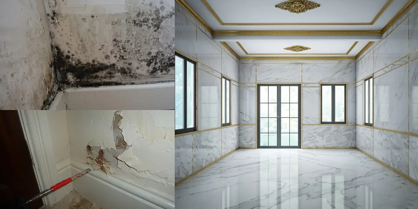 Hình ảnh tấm nhựa ốp tường bị bong tróc do dán keo trực tiếp lên tường thấm mốc.