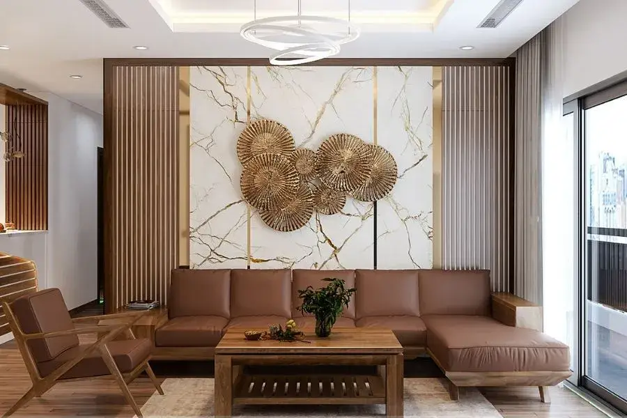 Mẫu tấm nano phòng khách sang trọng kết hợp vách tivi giả gỗ
