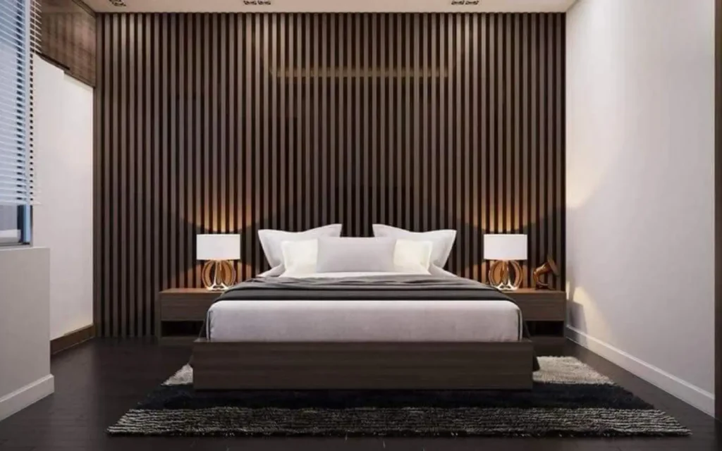 Mẫu vách đầu giường sử dụng lam sóng nhựa giả gỗ ấm cúng