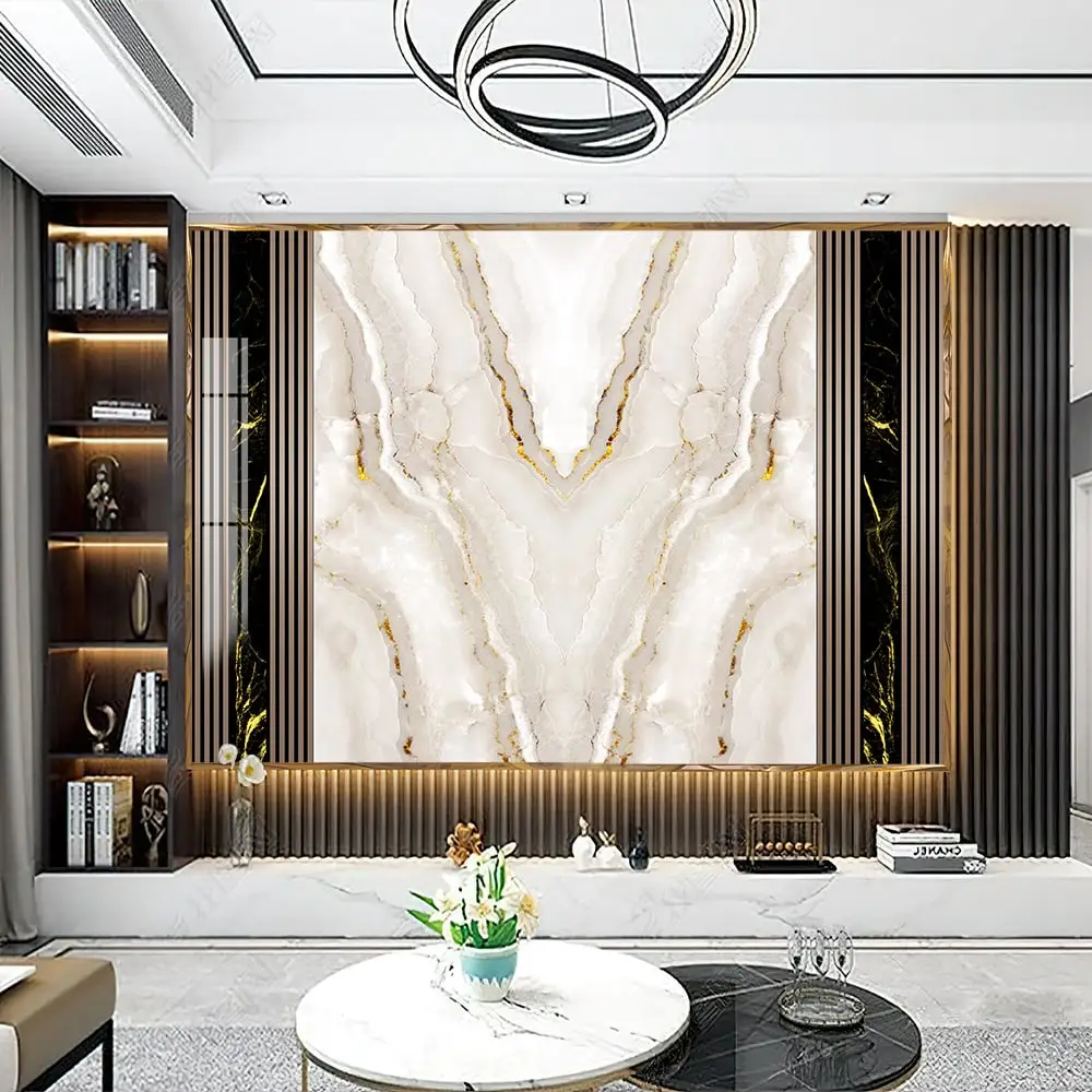 Mẫu vách tivi phòng khách sang trọng sử dụng tấm nhựa giả đá vân mây