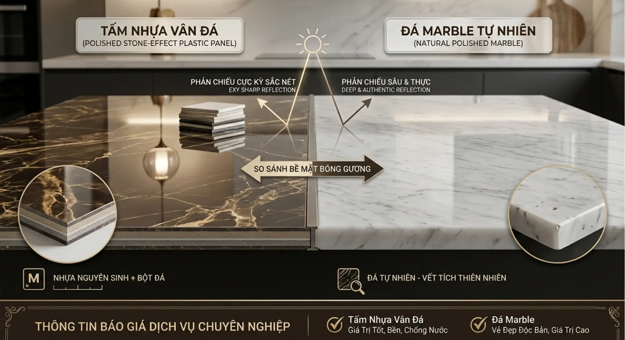 So sánh bề mặt bóng gương của tấm nhựa vân đá và đá marble tự nhiên