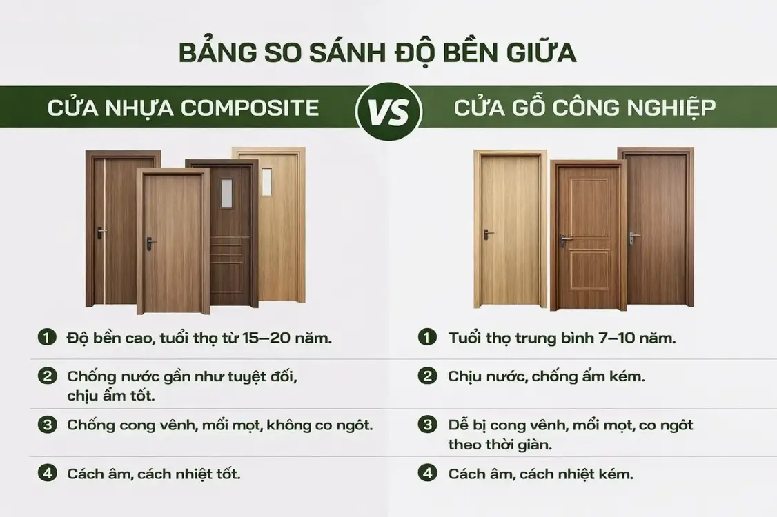 So sánh thực tế độ bền cửa nhựa composite là gì so với cửa gỗ tự nhiên
