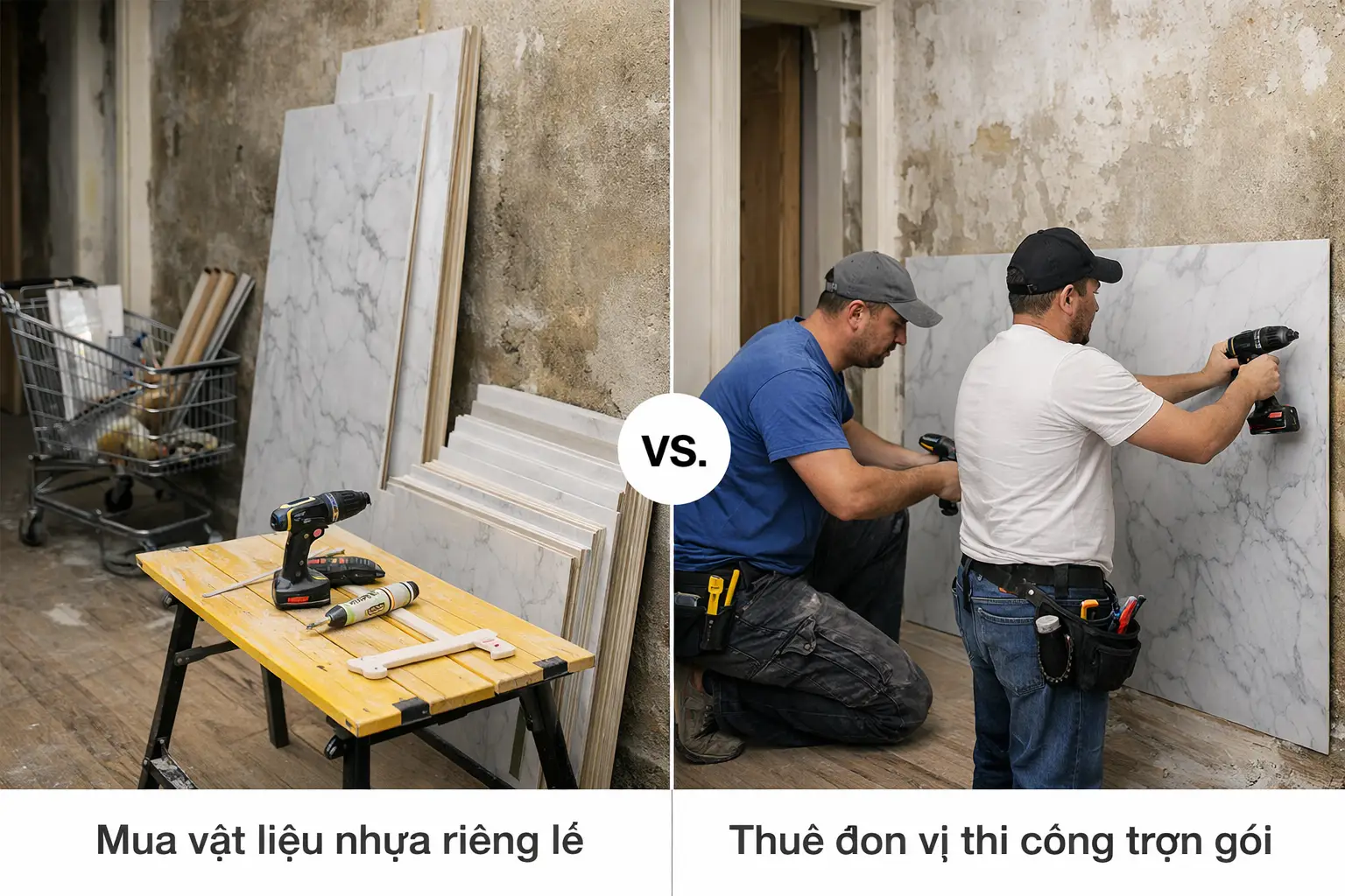 So sánh mua vật liệu nhựa riêng lẻ và thuê đơn vị thi công trọn gói