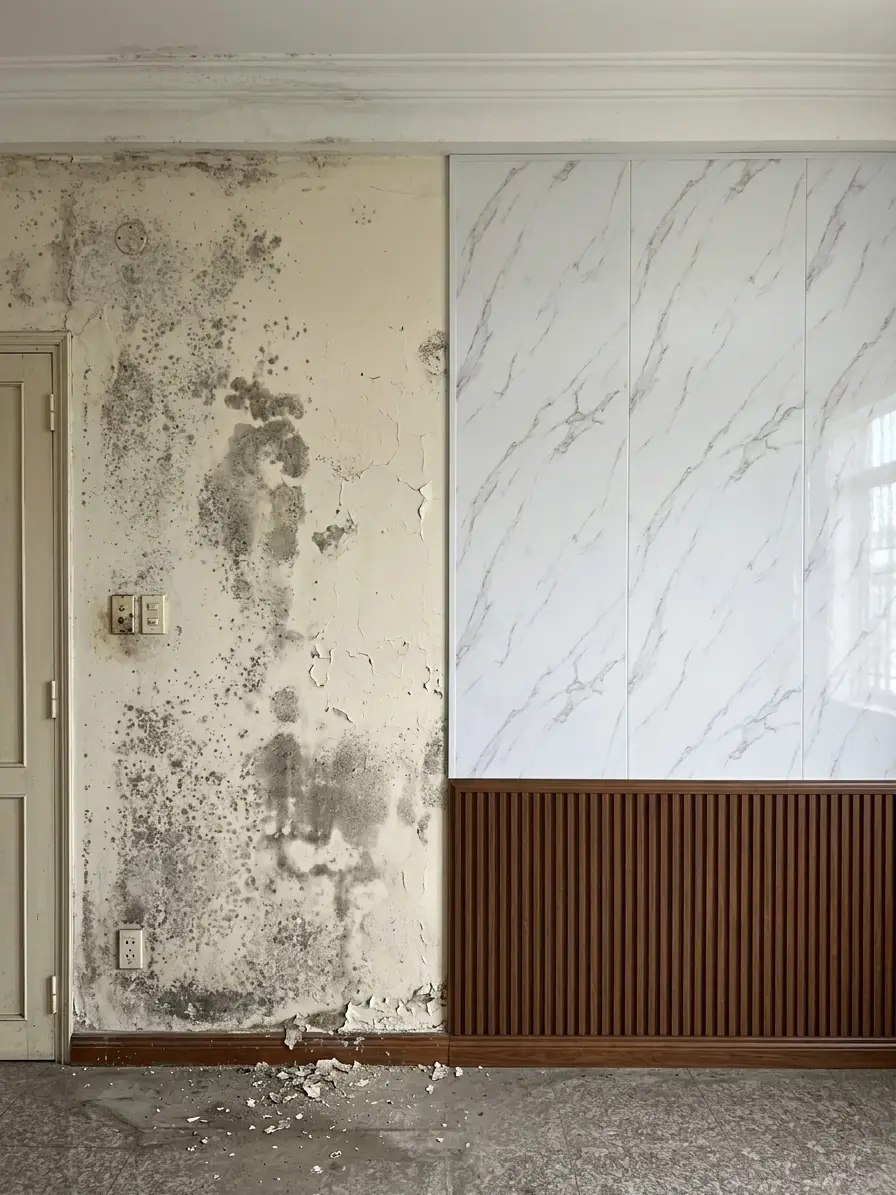 So sánh thực tế giữa bức tường sơn bị mốc và bức tường ốp nhựa nano bền đẹp.