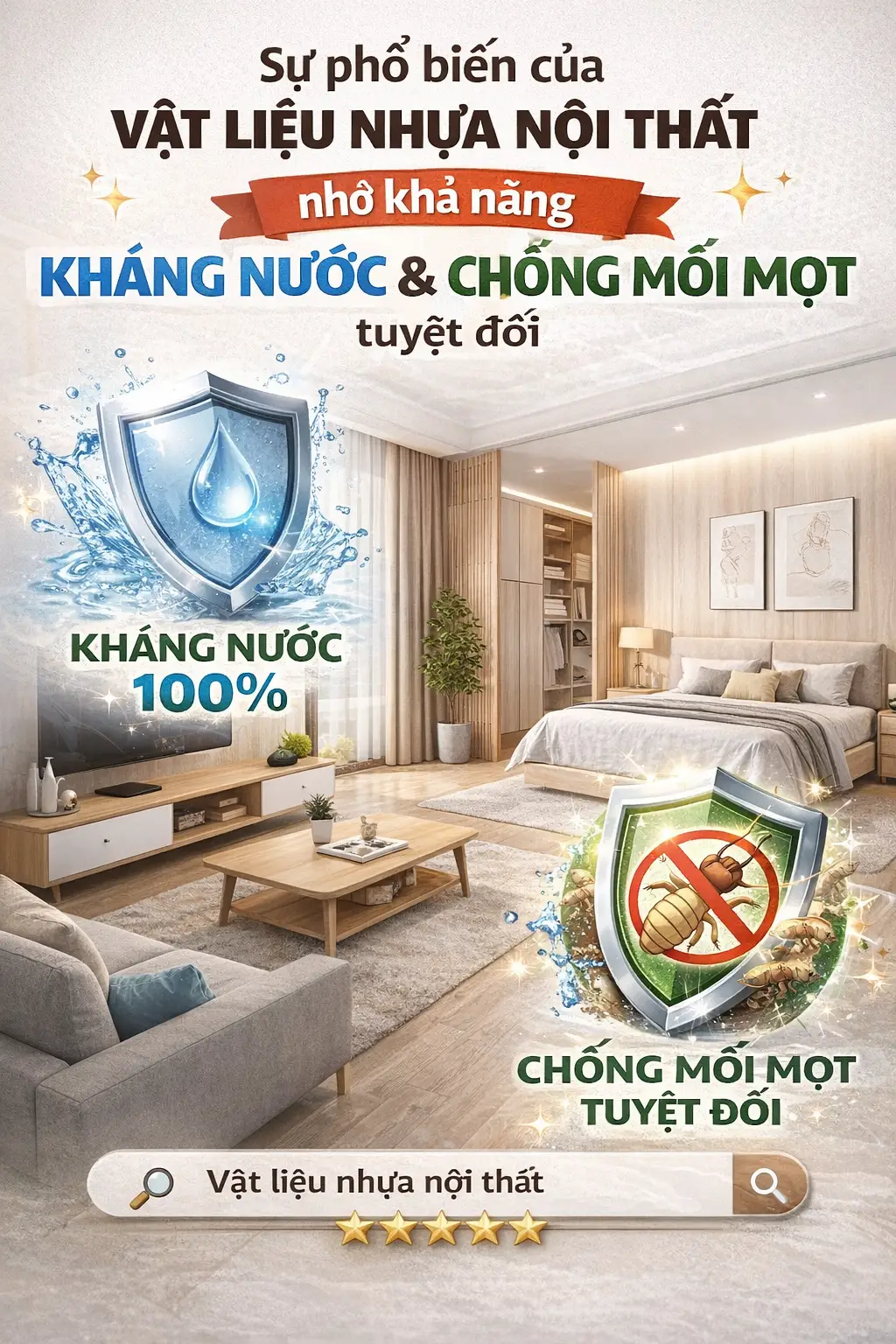 Sự phổ biến của vật liệu nhựa nội thất nhờ khả năng kháng nước và chống mối mọt tuyệt đối.
