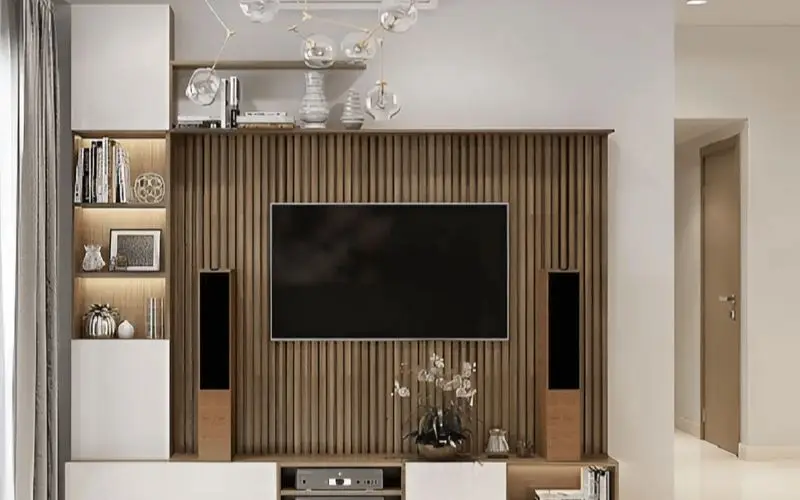 Ứng dụng lam sóng nhựa ốp vách tivi phòng khách sang trọng