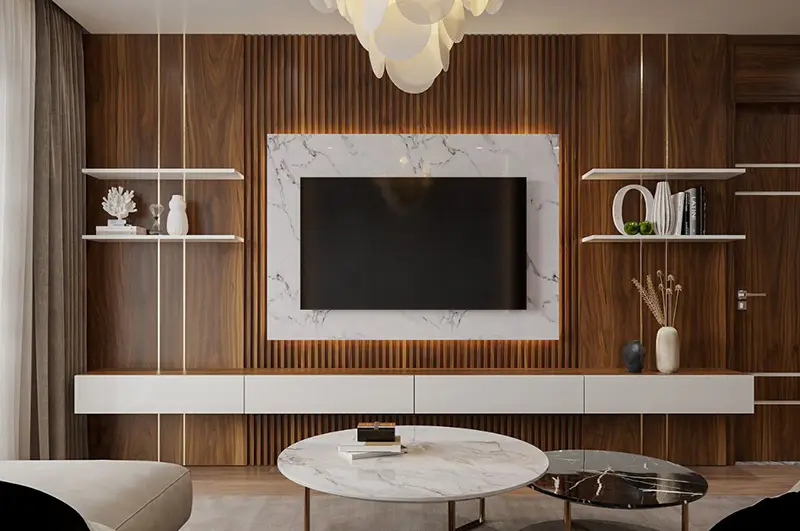 Ứng dụng tấm nhựa vân đá và lam sóng cho vách trang trí phòng khách