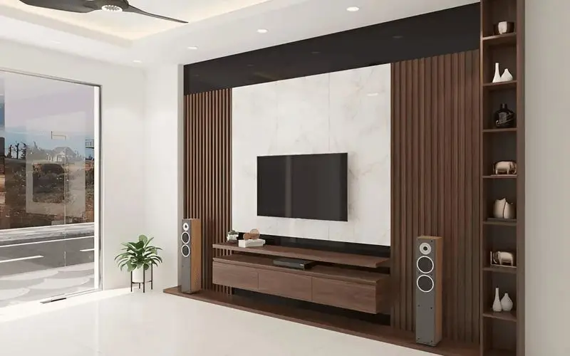 Ứng dụng lam sóng nhựa vân gỗ làm vách tivi sang trọng cho phòng khách