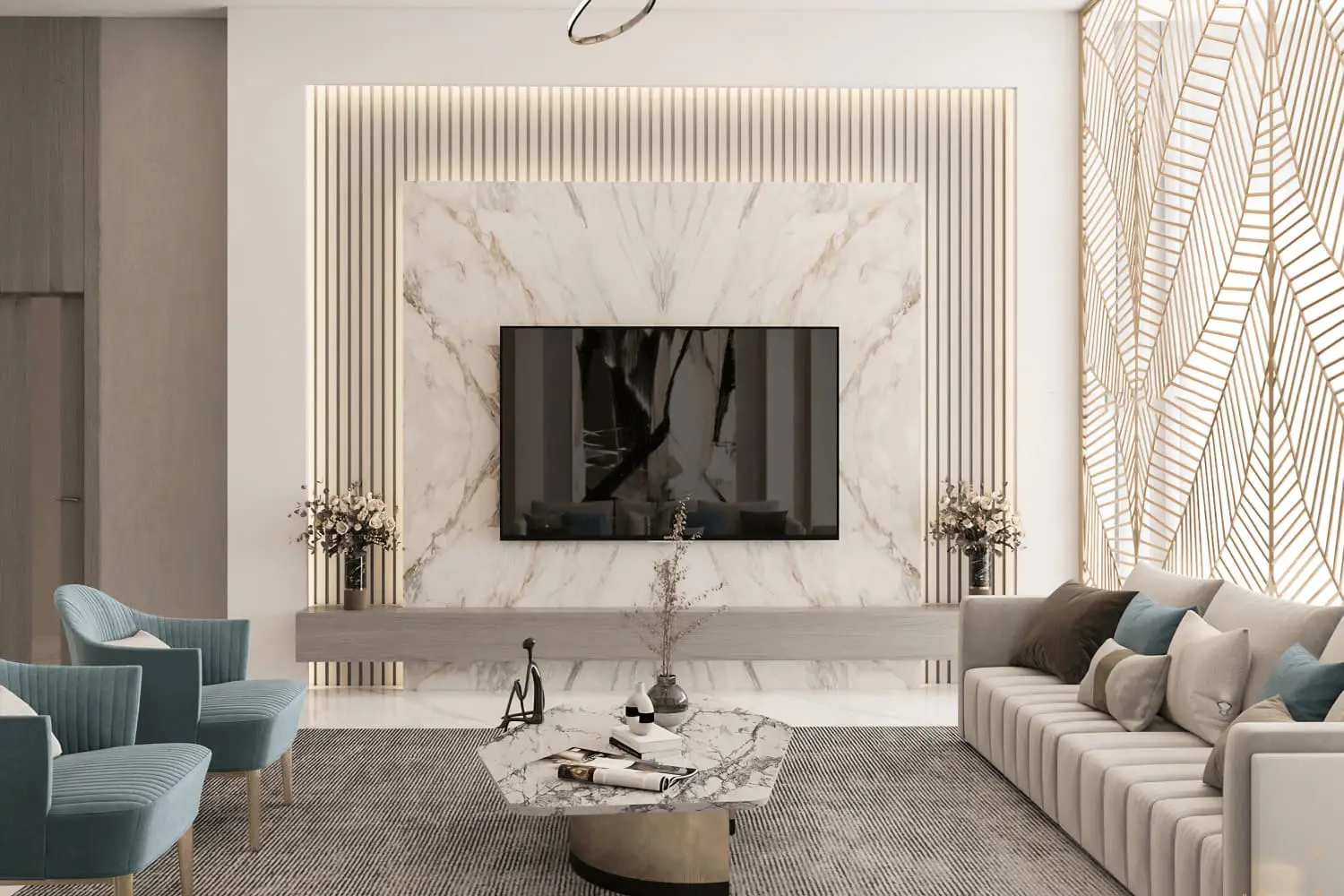 Mẫu phòng khách sang trọng thi công bằng tấm nhựa lam sóng và vân đá