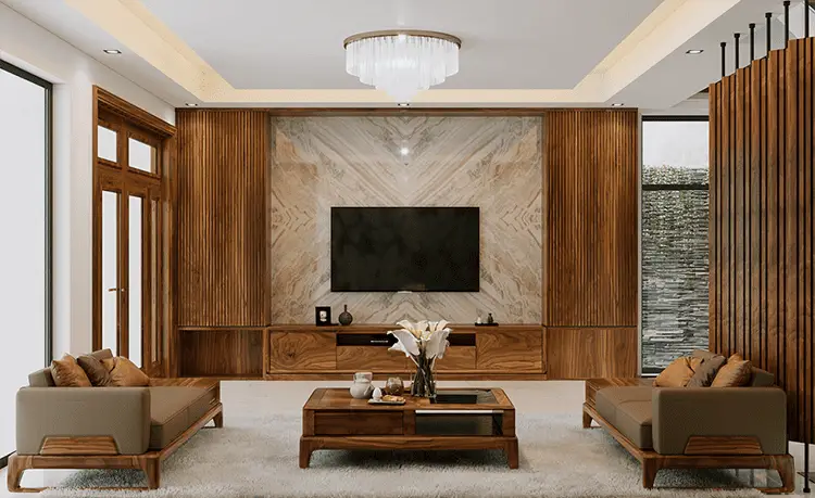 Không gian phòng khách sang trọng sử dụng tấm ốp nhựa vân gỗ