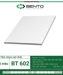 Tấm Bento BT602 là vật liệu nội thất cao cấp với thành phần chính là nhựa PVC kết hợp bột gỗ và phụ gia vô cơ, tạo nên độ bền vượt trội.