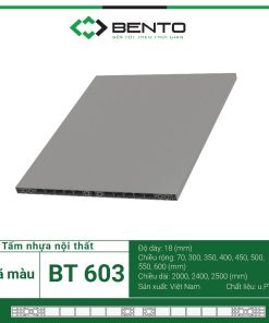 Tấm Bento BT603 là vật liệu nội thất cao cấp với thành phần chính là nhựa PVC kết hợp bột gỗ và phụ gia vô cơ, tạo nên độ bền vượt trội.