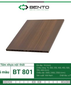 Tấm Bento BT801 là vật liệu nội thất cao cấp với thành phần chính là nhựa PVC kết hợp bột gỗ và phụ gia vô cơ, tạo nên độ bền vượt trội. Đây là giải pháp thay thế hoàn hảo cho gỗ tự nhiên, gỗ công nghiệp, MDF và PVC Foam, khắc phục mọi nhược điểm của các vật liệu truyền thống.
