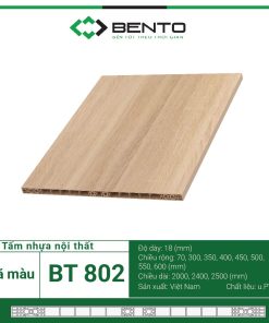Tấm Bento BT802 là vật liệu nội thất cao cấp với thành phần chính là nhựa PVC kết hợp bột gỗ và phụ gia vô cơ, tạo nên độ bền vượt trội. Đây là giải pháp thay thế hoàn hảo cho gỗ tự nhiên, gỗ công nghiệp, MDF và PVC Foam, khắc phục mọi nhược điểm của các vật liệu truyền thống.