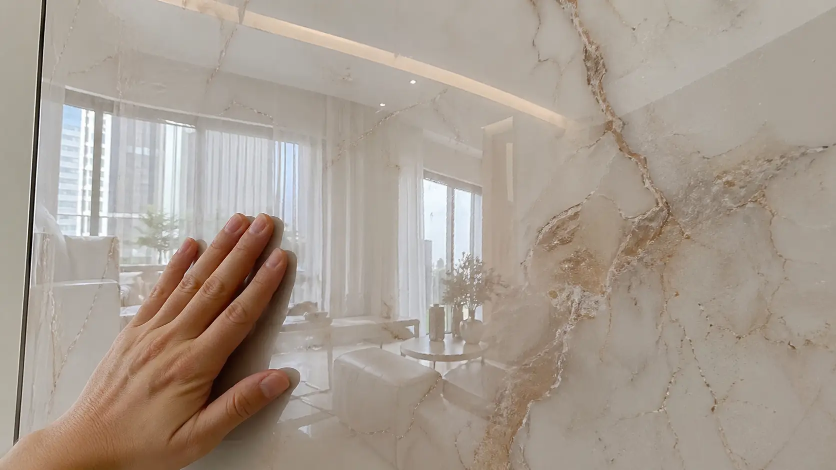 Cận cảnh độ bóng gương của tấm nhựa vân đá cao cấp Nam Tiến