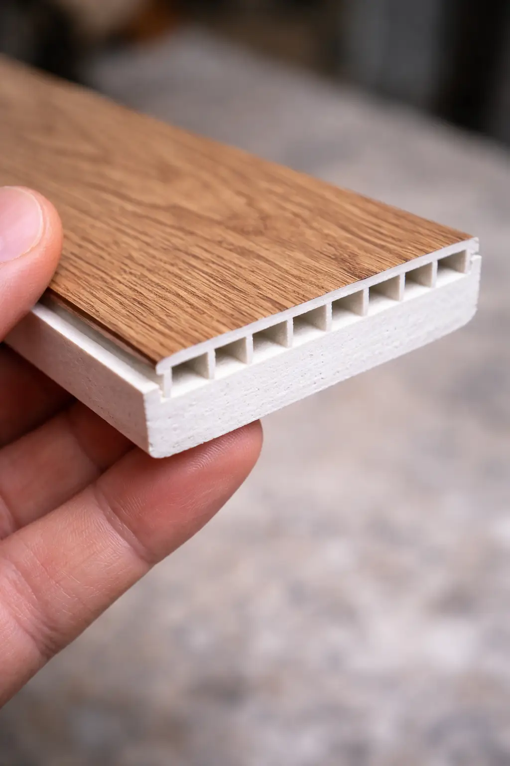 Cận cảnh lớp lõi nguyên sinh trắng sáng không chứa keo độc hại của tấm ốp nhựa PVC