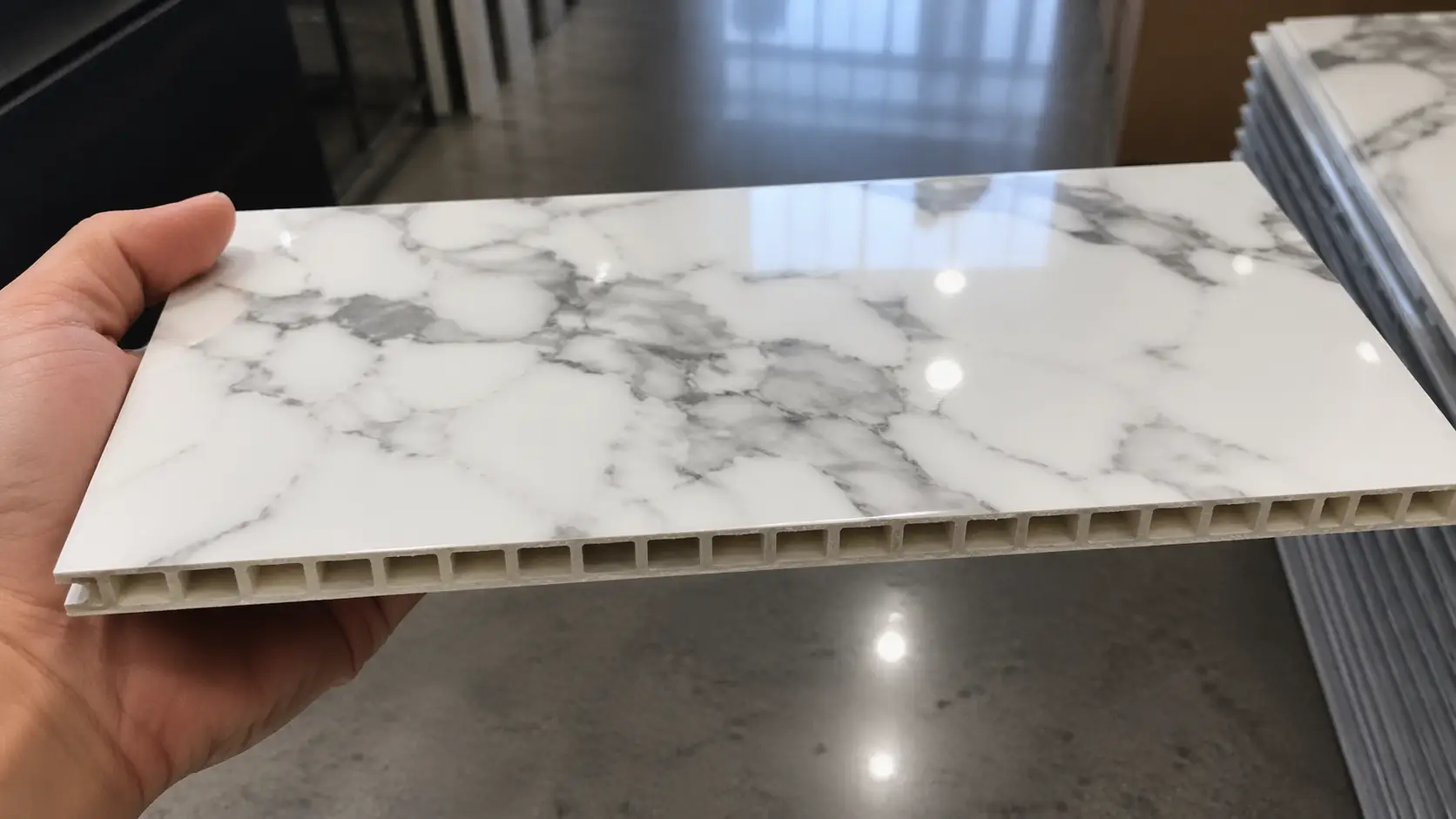 Cận cảnh lớp phủ UV siêu bóng và phôi nhựa cứng cáp của tấm nhựa PVC vân đá cao cấp