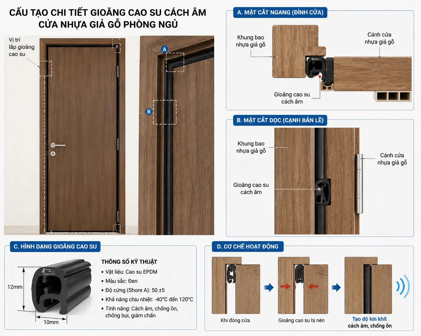 Chi tiết gioăng cao su cách âm của cửa nhựa giả gỗ phòng ngủ