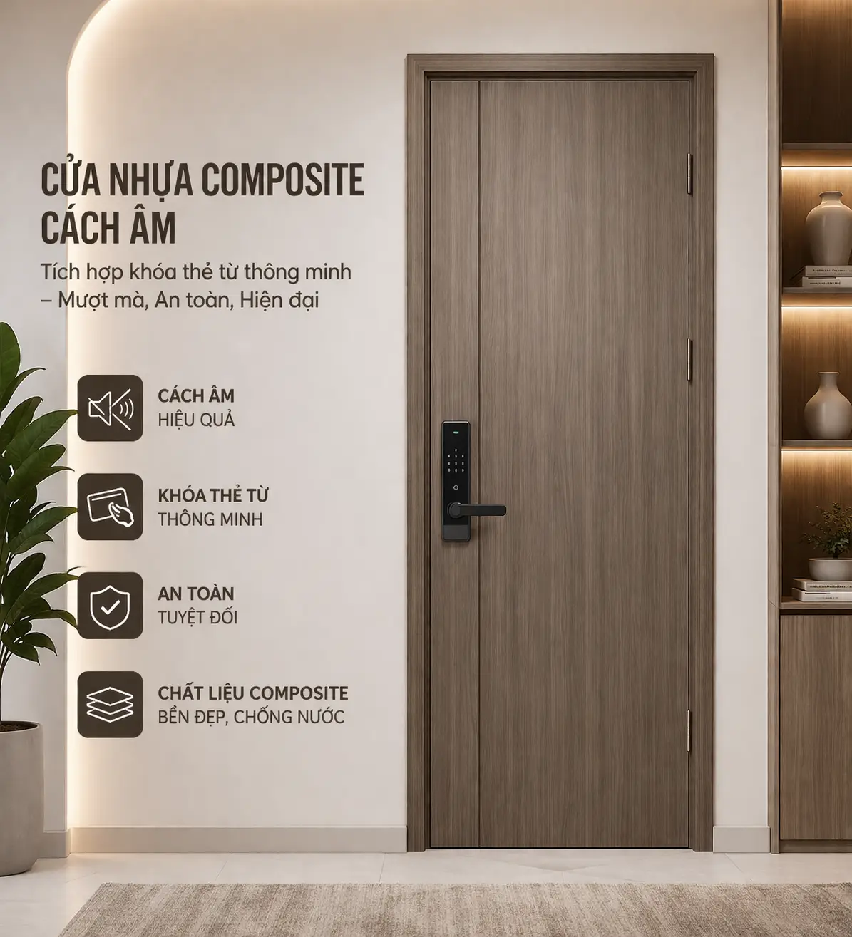 Cửa nhựa composite cách âm tích hợp khóa thẻ từ thông minh mượt mà