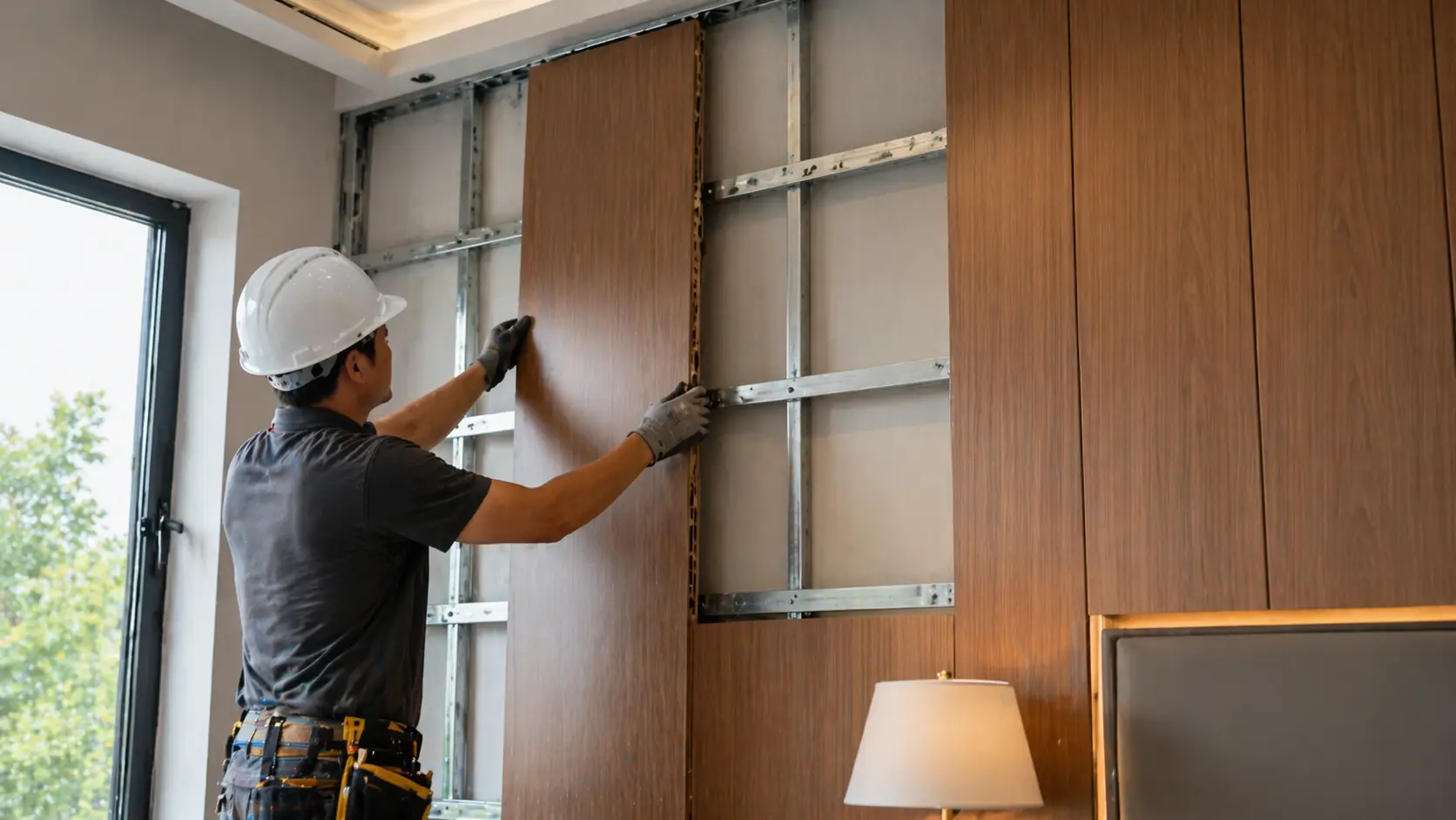 Đội thợ chuyên nghiệp đang thi công vách nhựa Nano vân gỗ bằng hệ xương ngàm sập không bụi