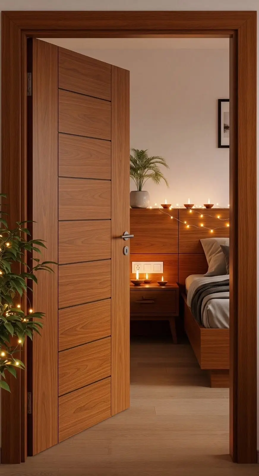 Hình ảnh nghiệm thu 100% dự án công trình cửa phòng ngủ giả gỗ trắc vàng dùng cửa Composie cao cấp.