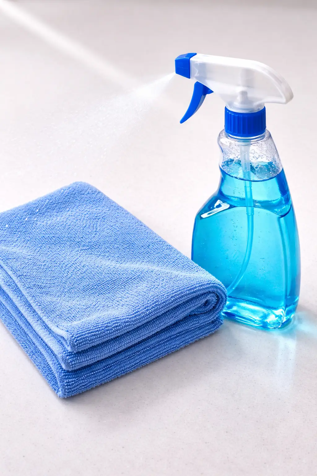 Chuẩn bị dụng cụ khăn Microfiber sợi tưa bông mềm để lau bụi mảng tường nhựa.