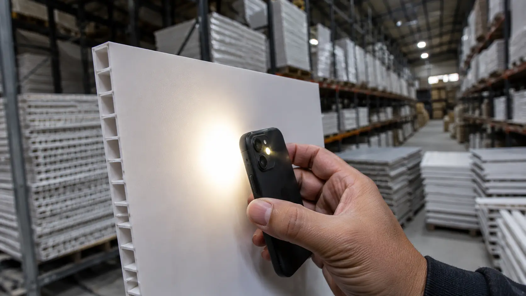 Dùng đèn flash điện thoại kiểm tra phôi nhựa nguyên sinh tại kho