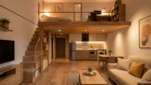Gác lửng phòng trọ 20m2 đẹp, sử dụng tấm nhựa lót sàn vân gỗ Nam Tiến