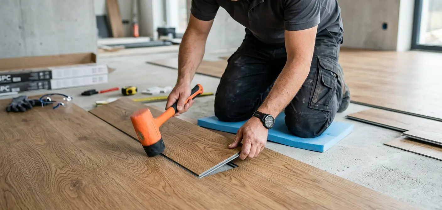 Thao tác ghép khóa SPC nhanh chóng bằng tay và búa cao su