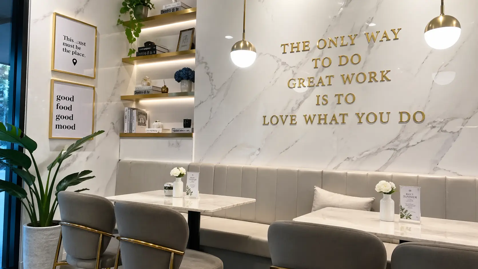 Góc check-in triệu view trong quán cafe sử dụng tấm nhựa vân đá trắng