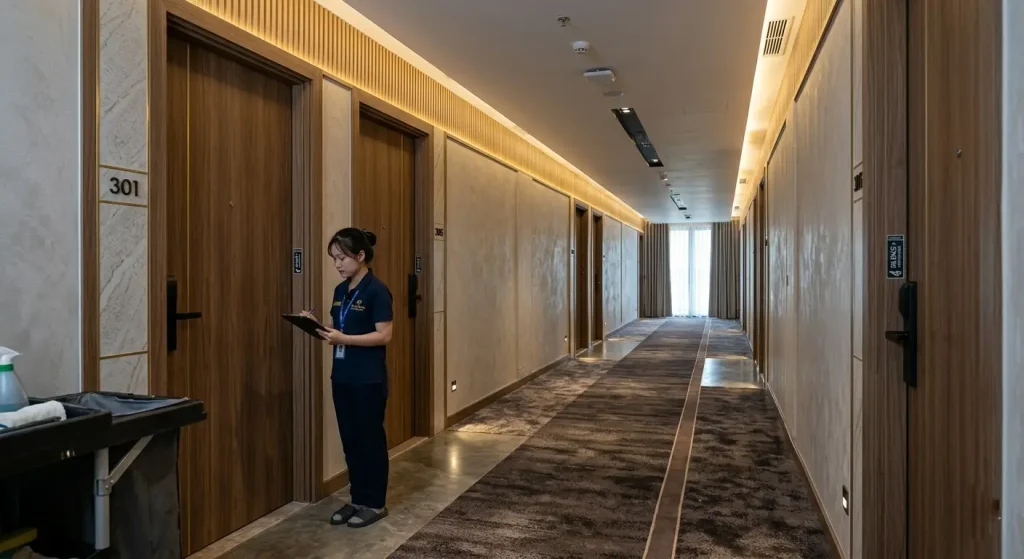 Hành lang khách sạn Bến Tre trang bị đồng bộ cửa nhựa composite cách âm cao cấp