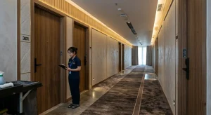 Hành lang khách sạn Bến Tre trang bị đồng bộ cửa nhựa composite cách âm cao cấp