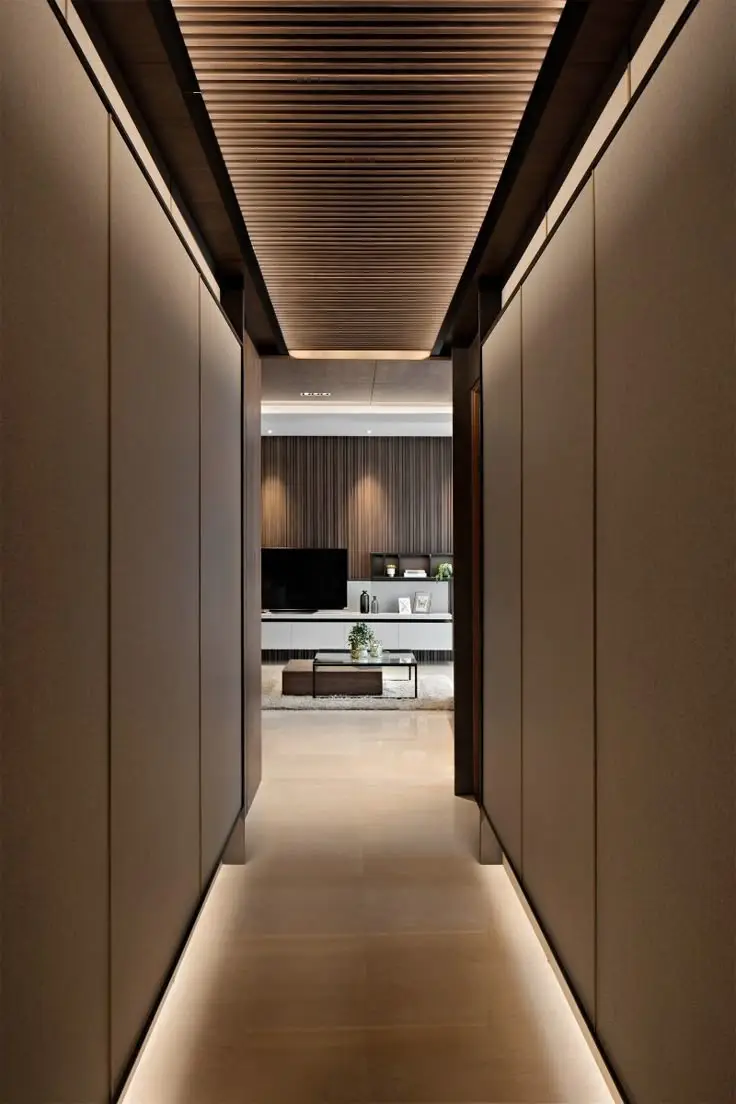 Hành lang massage thiền định ấm áp phủ kín mảng ốp gỗ công nghệ cao