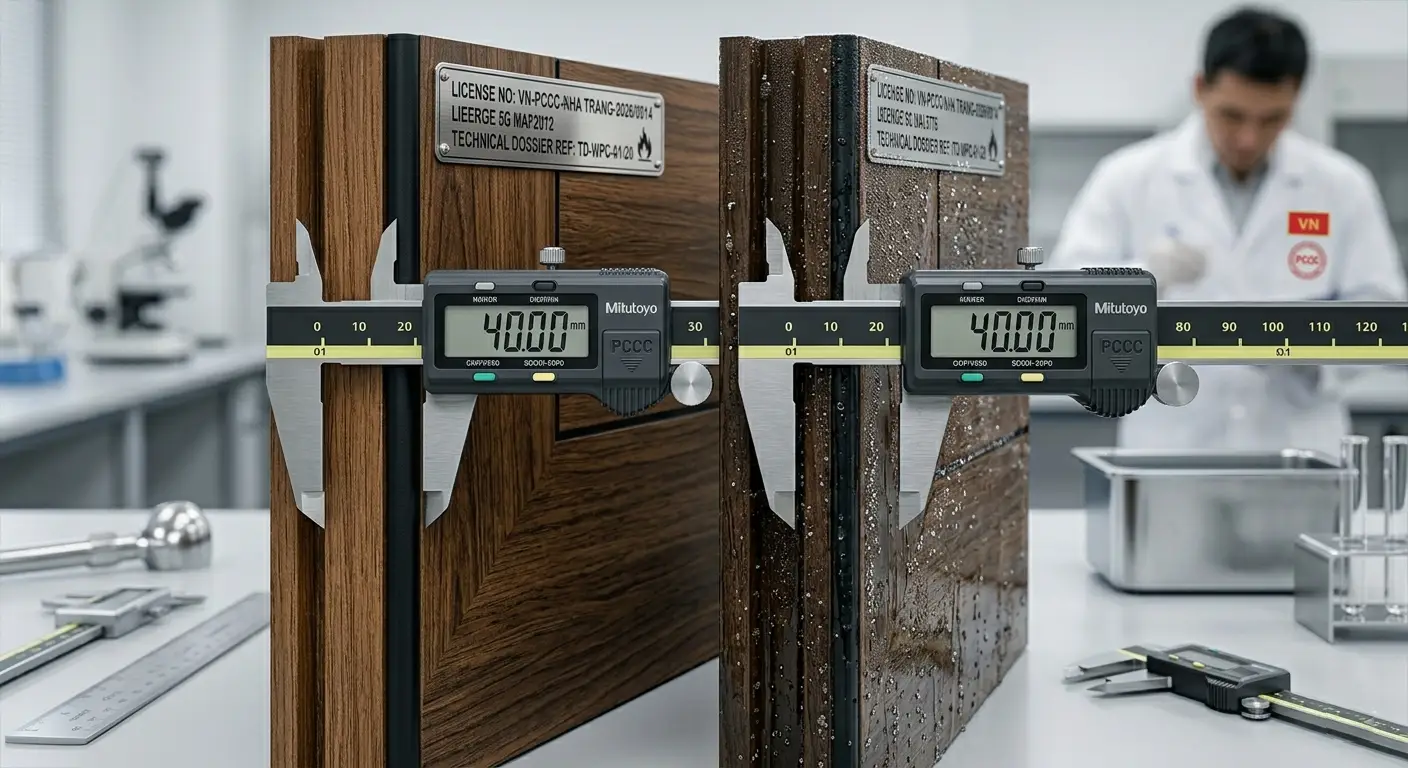 Kiểm tra độ trương nở của phôi cửa nhựa gỗ Composite bằng thước kẹp điện tử
