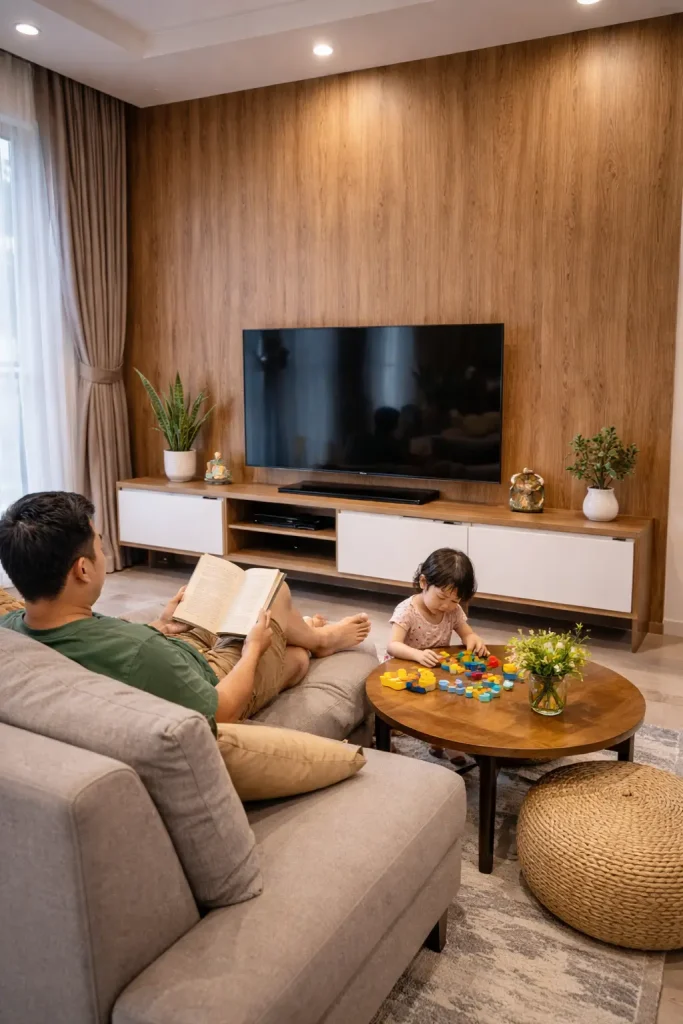 Lựa chọn tấm ốp nhựa PVC an toàn cho không gian sinh hoạt của bức tường phòng khách