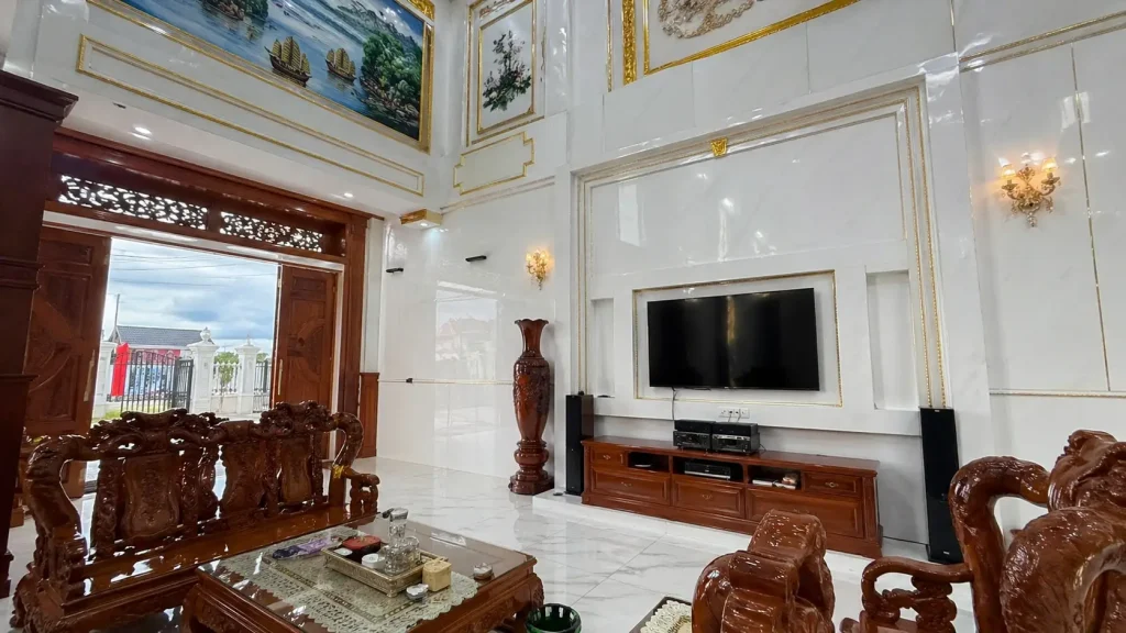 Nội thất nhà mái thái Bạc Liêu ốp tấm nhựa PVC vân đá siêu bóng. tấm nhựa pvc Bạc Liêu