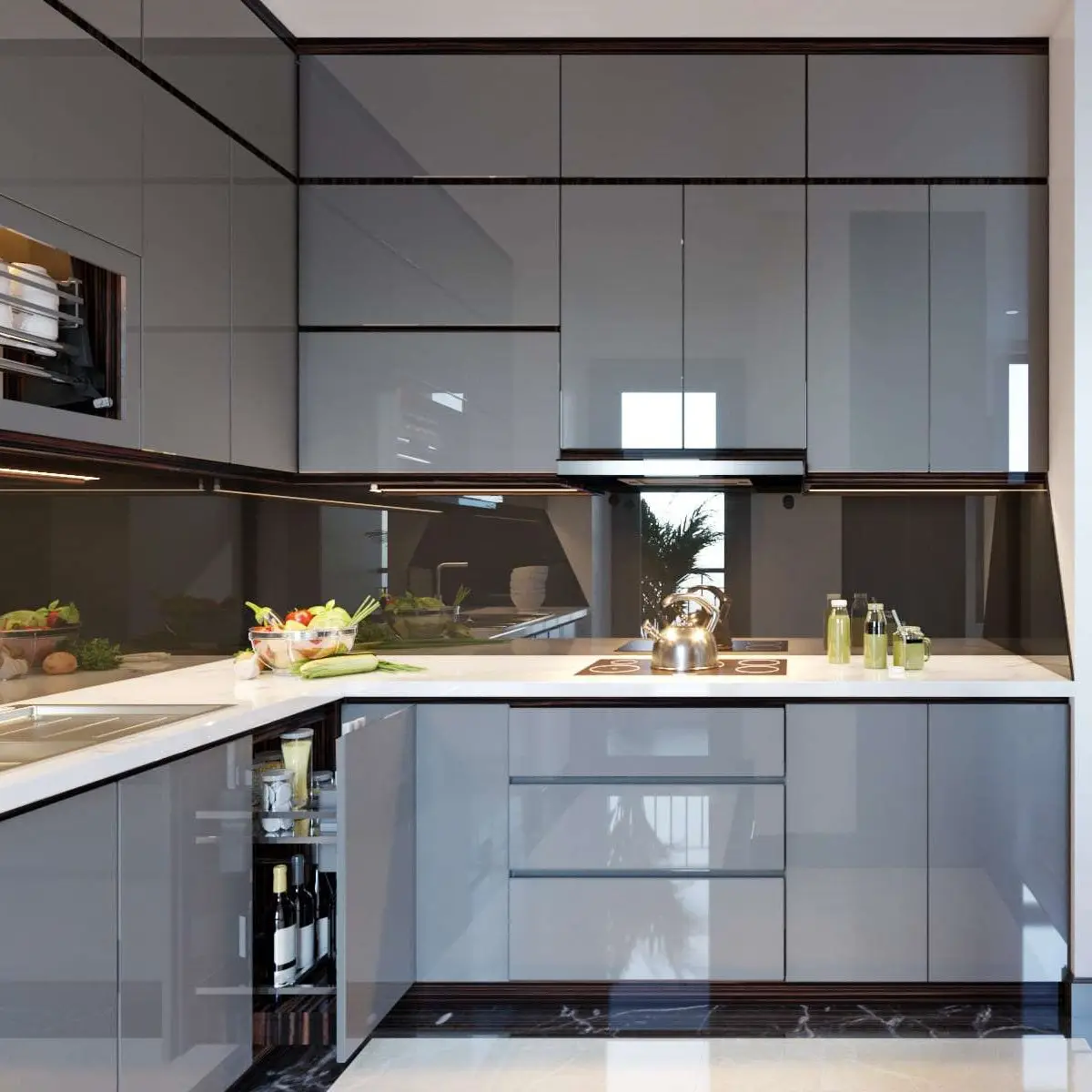 Ốp kính cường lực tường bếp để cản nhiệt độ