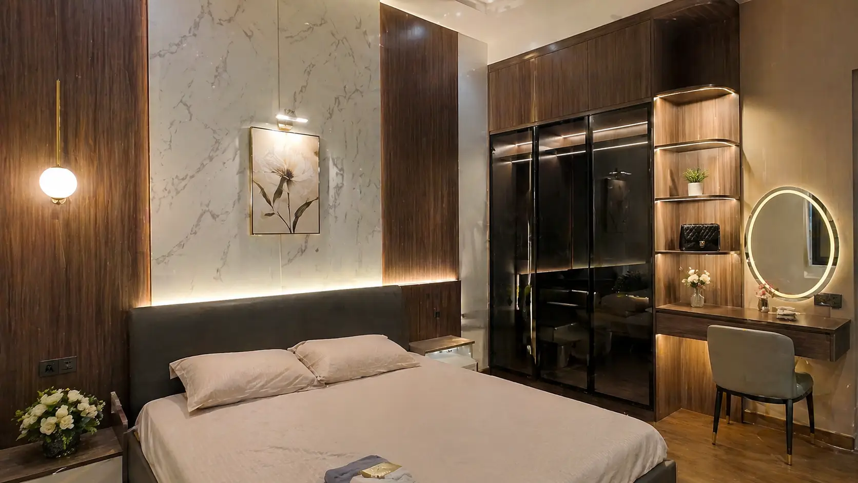 Phòng ngủ homestay cao cấp tại Kiên Giang phối hợp vân đá và vân gỗ