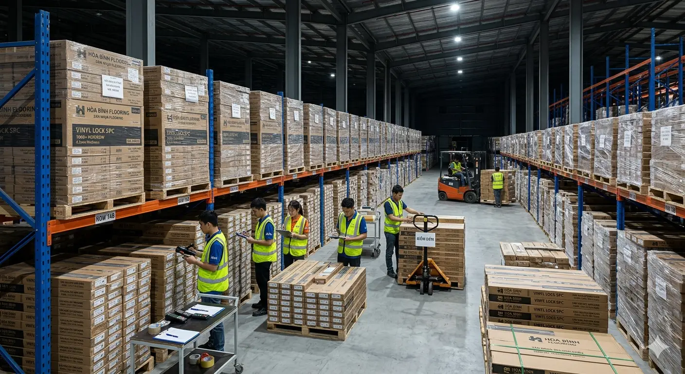 Các dãy kệ hàng nghìn hộp sàn nhựa hèm khóa rục rịch chờ kiểm đếm