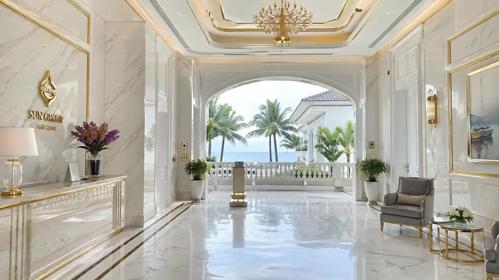 Sảnh resort sang trọng tại Kiên Giang ốp tấm nhựa PVC vân đá siêu bóng