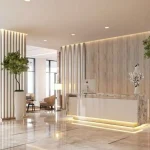 So sánh sảnh spa ngoạn mục nhờ mảng ốp vân đá thần thánh. tấm nhựa ốp PVC và lam sóng