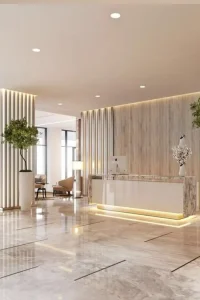 So sánh sảnh spa ngoạn mục nhờ mảng ốp vân đá thần thánh. tấm nhựa ốp PVC và lam sóng