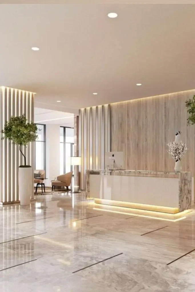 So sánh sảnh spa ngoạn mục nhờ mảng ốp vân đá thần thánh. tấm nhựa ốp PVC và lam sóng