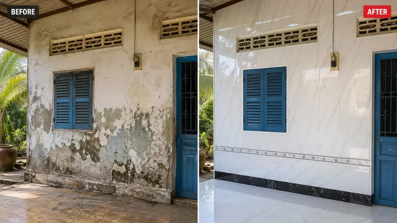 Tấm nhựa vân đá Trà Vinh giúp bức tường ẩm mốc lột xác ngoạn mục