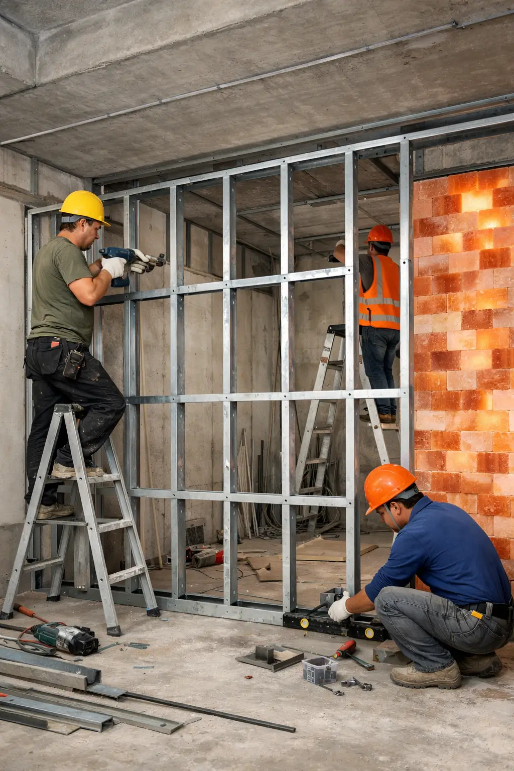 Thi công đóng khung xương sắt ốp vách ngăn muối hóa