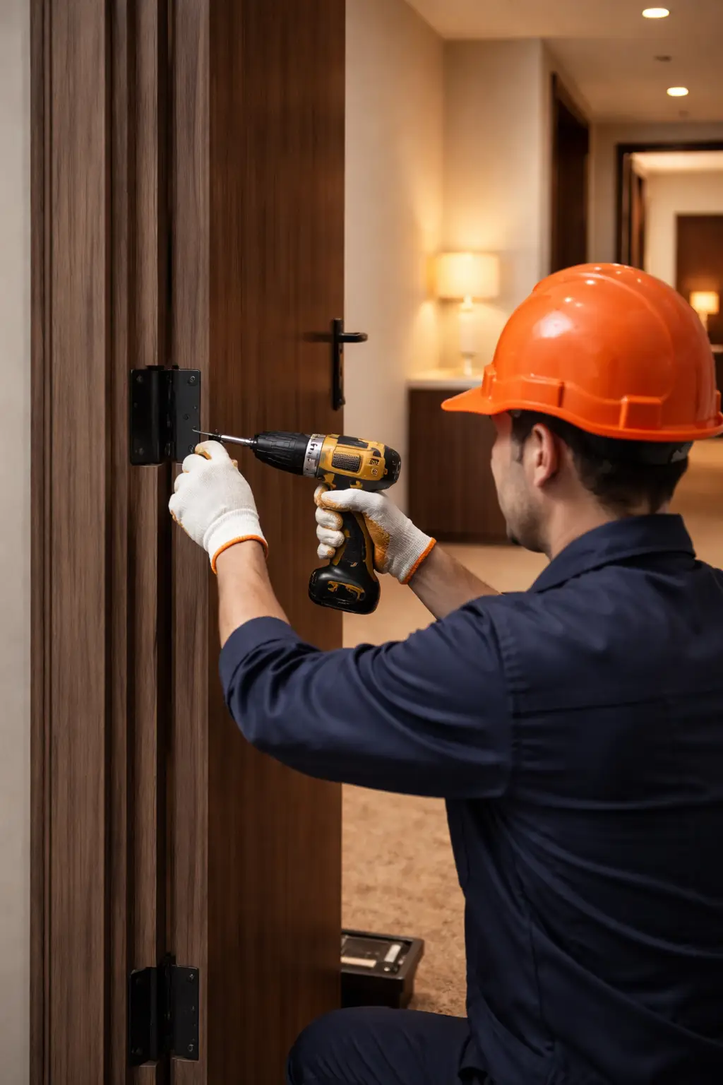 Thợ thi công chuyên nghiệp lắp khung bao bản lề cho cửa nhựa chuẩn khách sạn